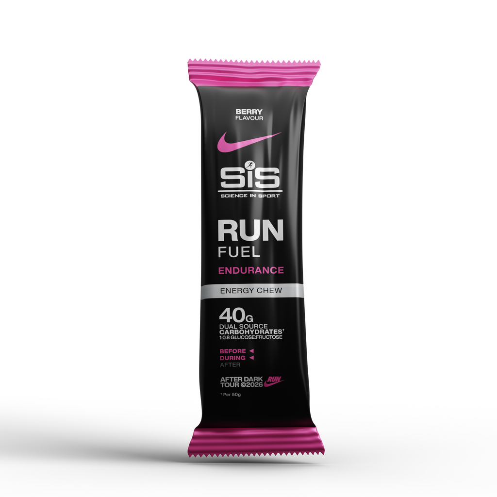 A single SIS Science in Sport Run Fuel Endurance energy chow bar in a black wrapper with bright pink accents, shown on a clean white background.