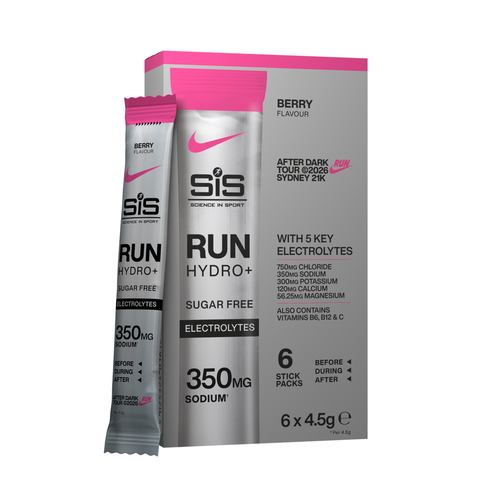 Sis Run Hydro+ Berry Flavour electrolyte stick packs shown with one individual packet and a box of six on a plain white background.