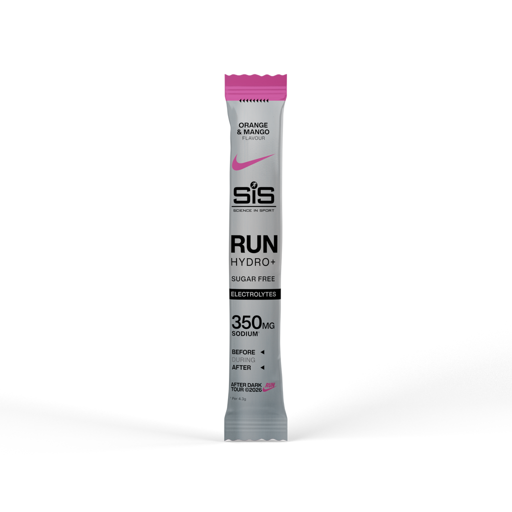 A single stick pack of SIS Run Hydro+ energy drink powder in Orange & Mango flavor, standing upright on a clean white background.