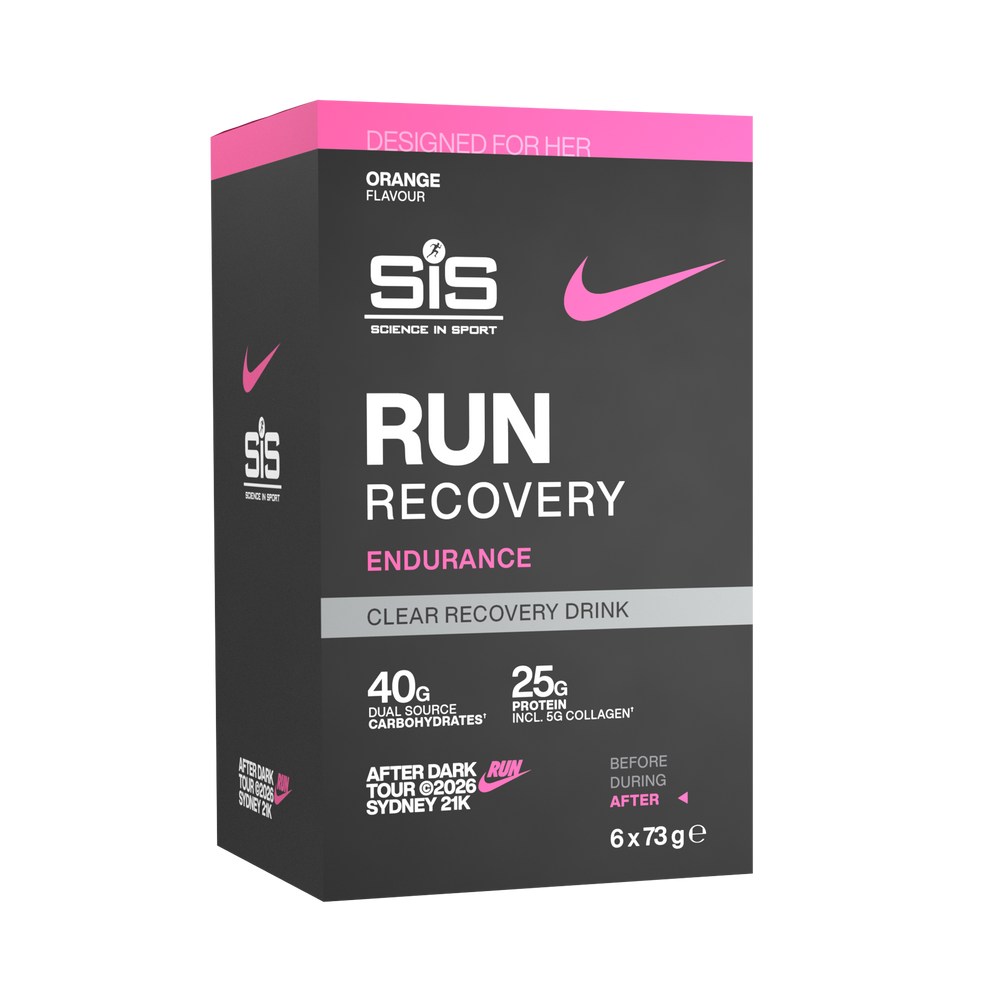A box of SIS Science in Sport Run Recovery Endurance Clear Recovery Drink, orange flavour, featuring a dark gray and pink design with white and pink text.
