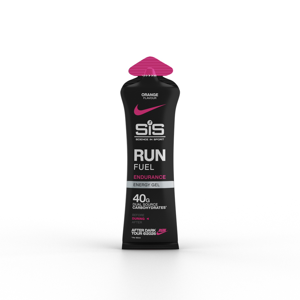 A squeeze tube of SIS Run Fuel Endurance energy gel in orange flavor, featuring a black tube with a bright pink cap and pink logo details, set against a clean white background.
